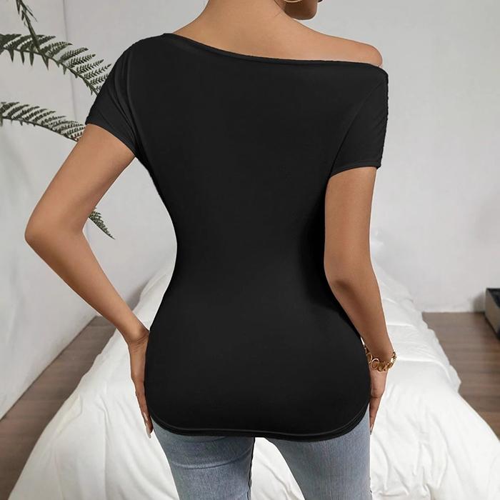 Ladies Summer Short Sleeve Skew Collar Solid Color Slim Fit Bodycon Pullover Casual T Shirt Top