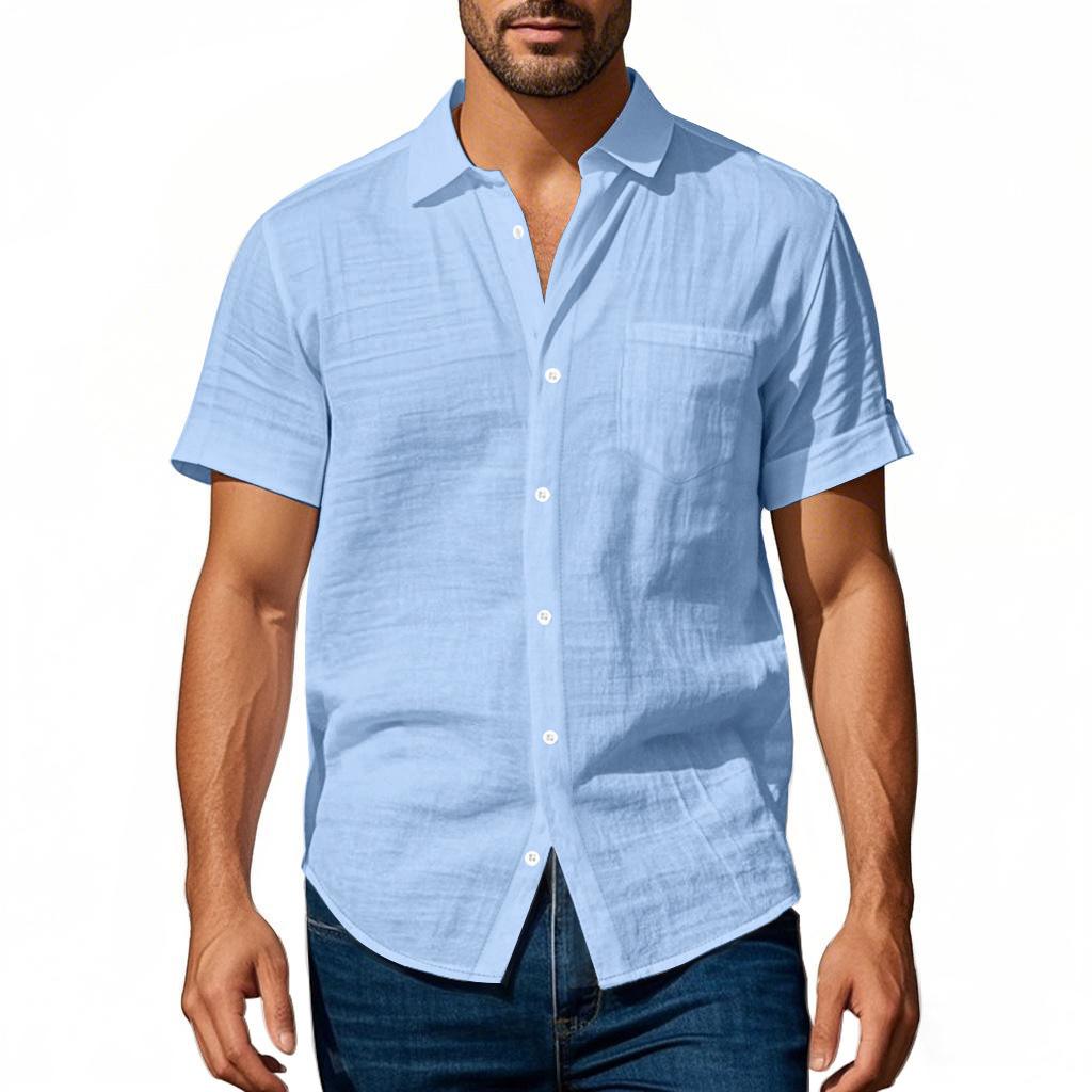 Camicia Casual da Uomo a Maniche Corte con Bottoni e Taschino sul Petto in Misto Lino