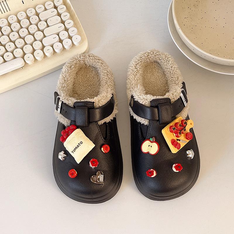 

Плюшевые тапочки на толстой подошве с меховой отделкой для женской уличной обуви, новинка осени и зимы 2025 года, меховые сноубутсы, флисовые хлопковые мопы 41 чёрный