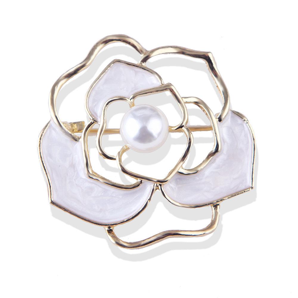Oil Dripping Camellia Flower Hollowed Out Pearl Brooch Pin Pin Environmental Accessories Corsage Female Accessories Long-Lasting Color Brooch BFF Gift