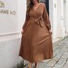 Damen Langarm Maxi Kleid Herbst Winter V-Ausschnitt Schnürung Einfarbig Plissiertes Temperament Größen S bis XXXL