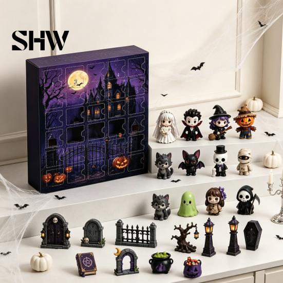 24-Tage-Box Halloween Adventskalender 2026, Countdown mit 2D-Flachgeschenken für Erwachsene Kinder Acryl-Mini-Figuren, Sammler-Überraschung Mädchen