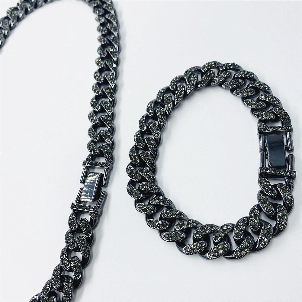 New Street Trendsetter: Double Row Full Diamond Alloy Hip Hop Cuban Chain Bracelet Necklace, 12.5mm, European & American Style.