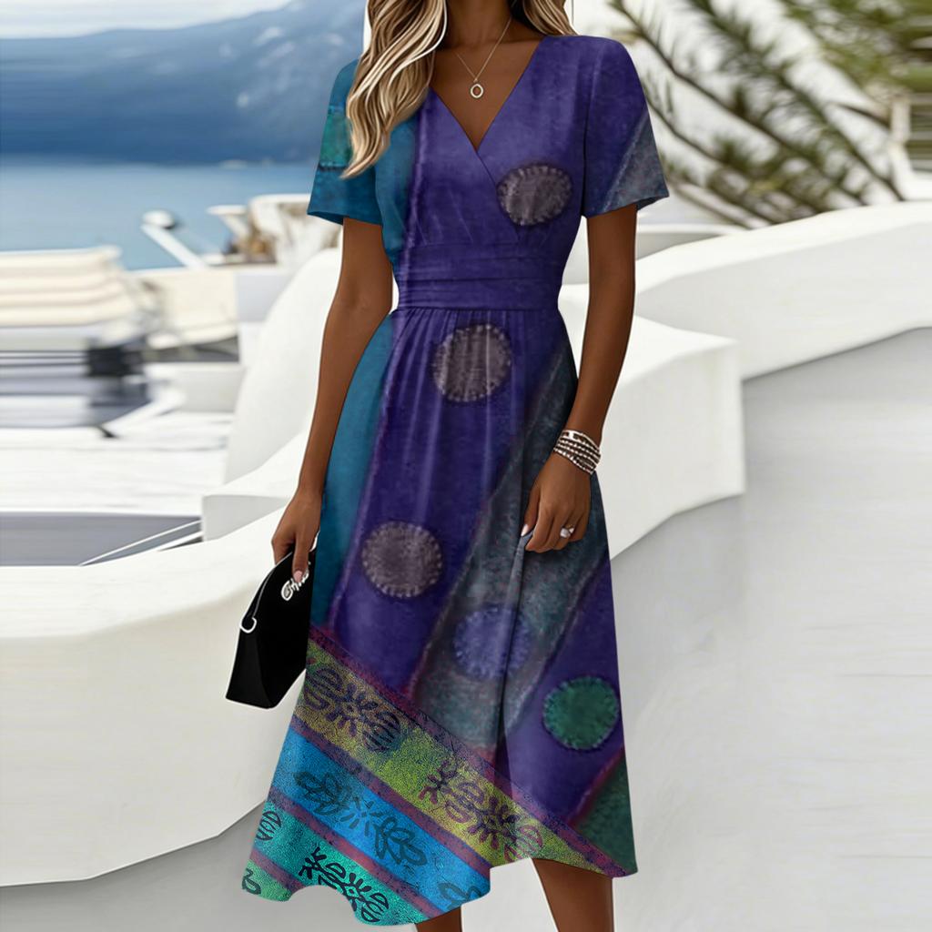 Ladies' Floral Casual Fashionable Short Sleeved V-neck Dress