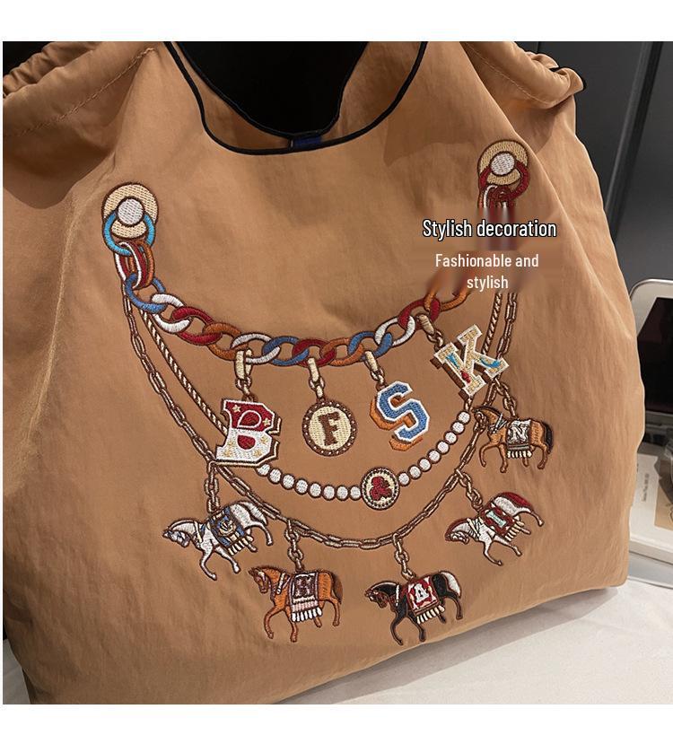 2026 Spring Japanese Style Eco-friendly Nylon Embroidered Tote - Large Capacity Casual Single Shoulder Bag for Women