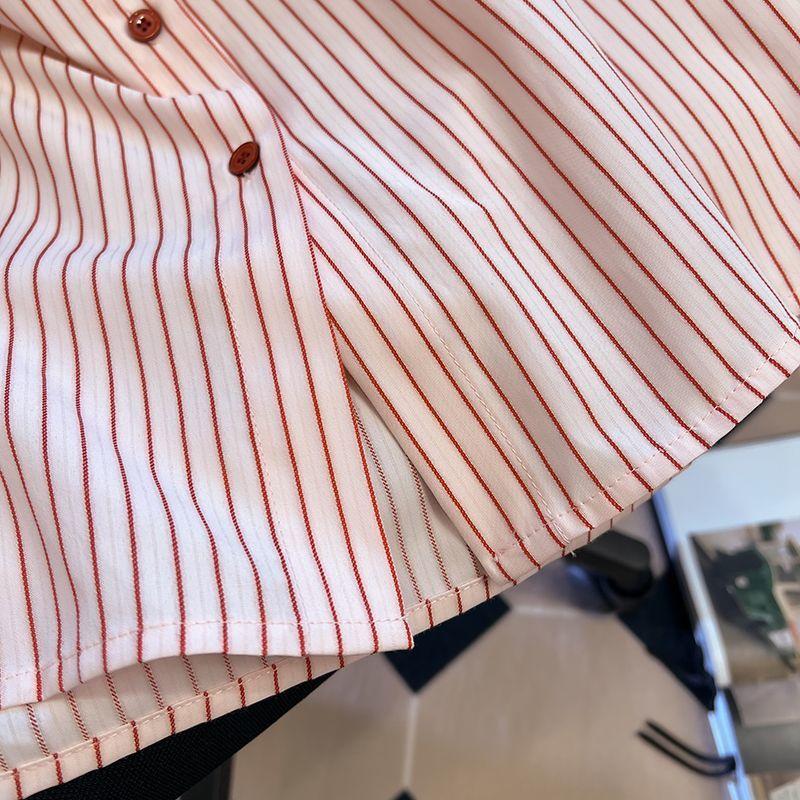 Pink Striped Women's Shirt French Style Loose Flip Collar Single Breasted Pocket Blouse Casual Fashionable Famale Long Sleeved Top
