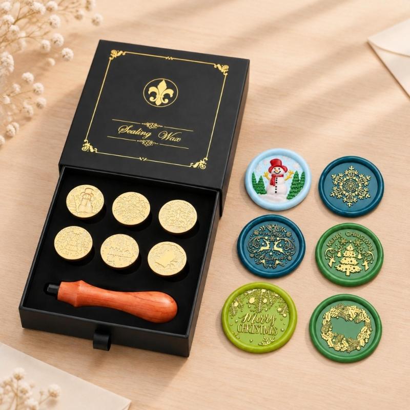 Decorative Wax Seal Stamp with Metal Components and 6 Round Design Disks for Gift Wrapping, Journaling, and Scrapbooks
