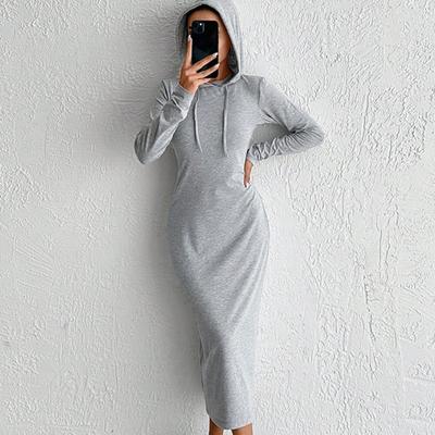 2025 Spring Solid Long Sleeve Hooded Maxi Dress Women Fashion Elegant Skinny Elastic Slim Straight Gray Knitted Dresses Vestidos