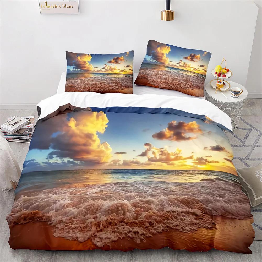 Täcke Strand Havssolnedgång Hawaiianska Vågor Täcke Tropisk Ö och Hav Strand Natur Polyester Sängkläder Set