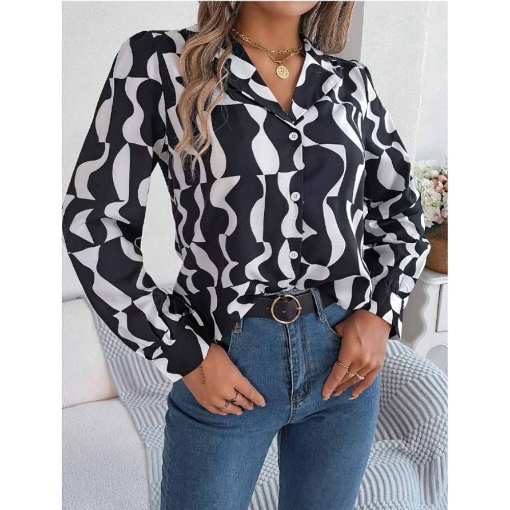 Geometric Print Women Blouse Spring Autumn Femme Office Lady Button Up Turn Down Collar Shirts