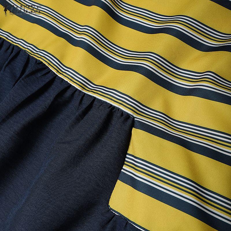 ZANZEA Women Round Neck Ruffles Short Sleeve Casual Stripe Patchwork Long Dress