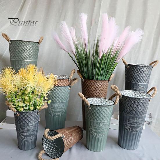 Retro Style Metal Flower Pot Vintage Buckets, Rustic Vases with Handles, Floral Containers, Wide Balcony Arrangement Holder Mouth Plant Display