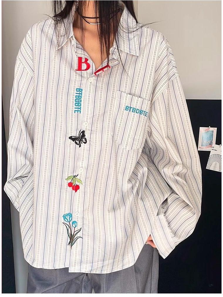 Unisex Retro Striped Long-Sleeve Embroidered Shirt: Versatile Casual Wear for Spring & Autumn