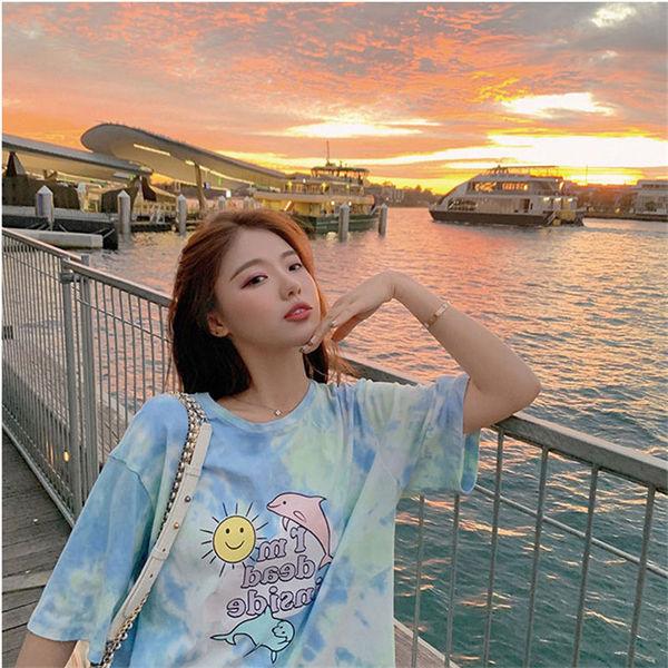 

Popular tie-dye cartoon short-sleeved T-shirt women s summer new loose Hong Kong top M（ 45kg and below）