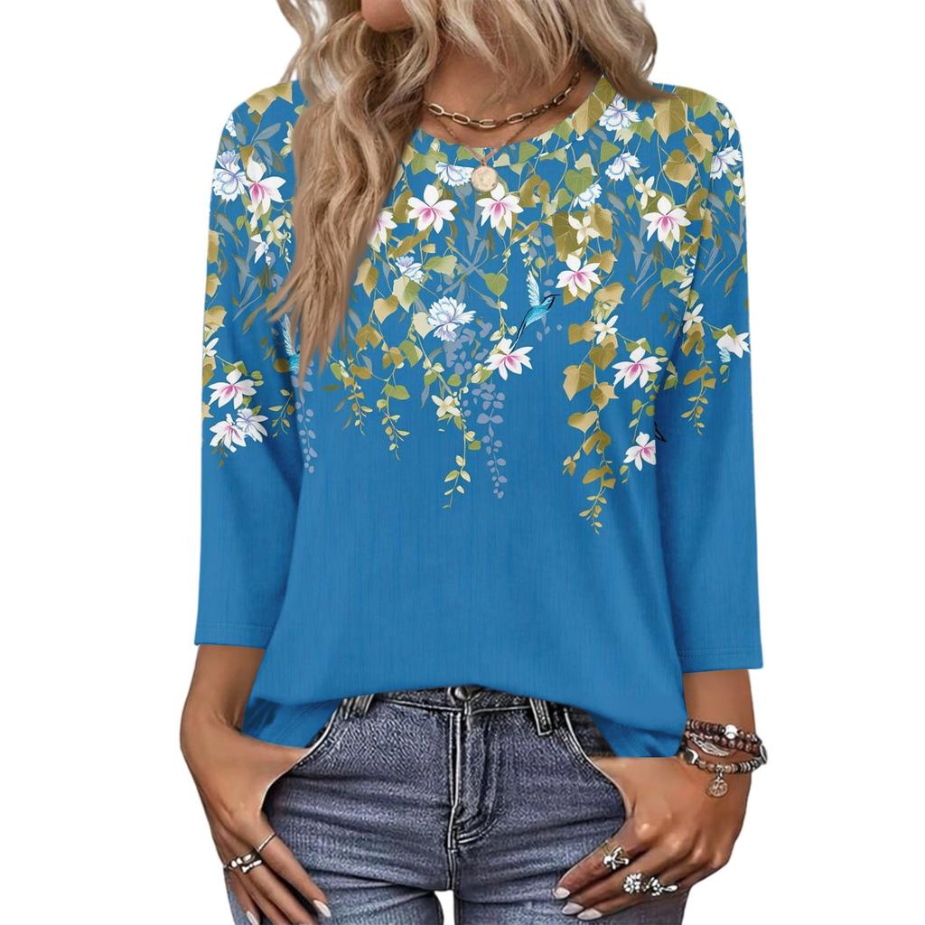 343/4 Sleeve Shirts For Women Cute Print Graphic Tees Blouses Casual Plus Size Basic Tops Pullover