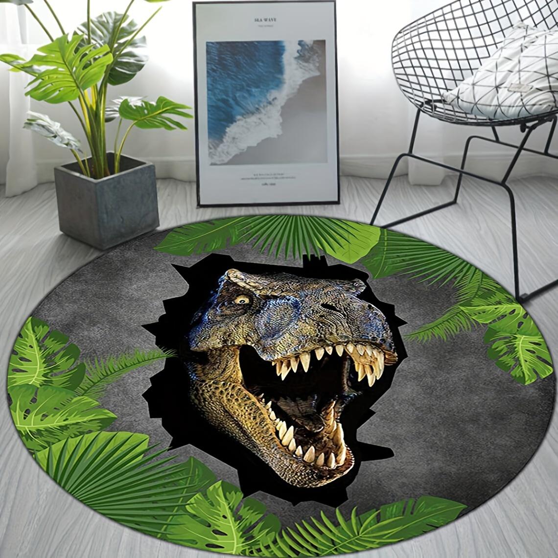 

T-Rex Dinosaur Round Rug, Fierce Green Leaf Print Mat for Living Room, Bedroom, Kids Room Decor, Non-Slip Floor Carpet Diameter 60cm