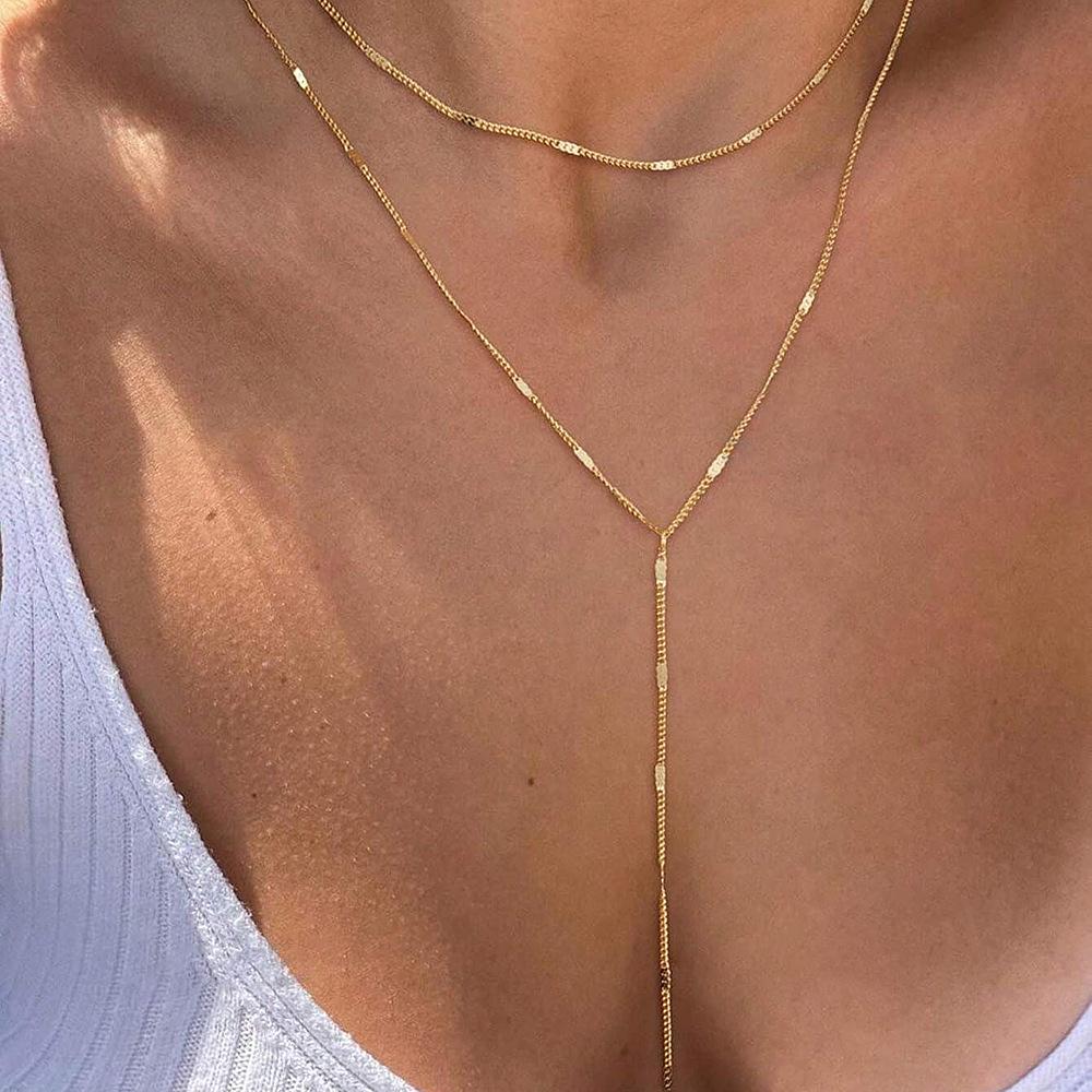 Simple Golden Plated Y-Shaped Pendant Necklace For Women Trendy Layered Hammer Beaded Long Chain Necklaces Gifts