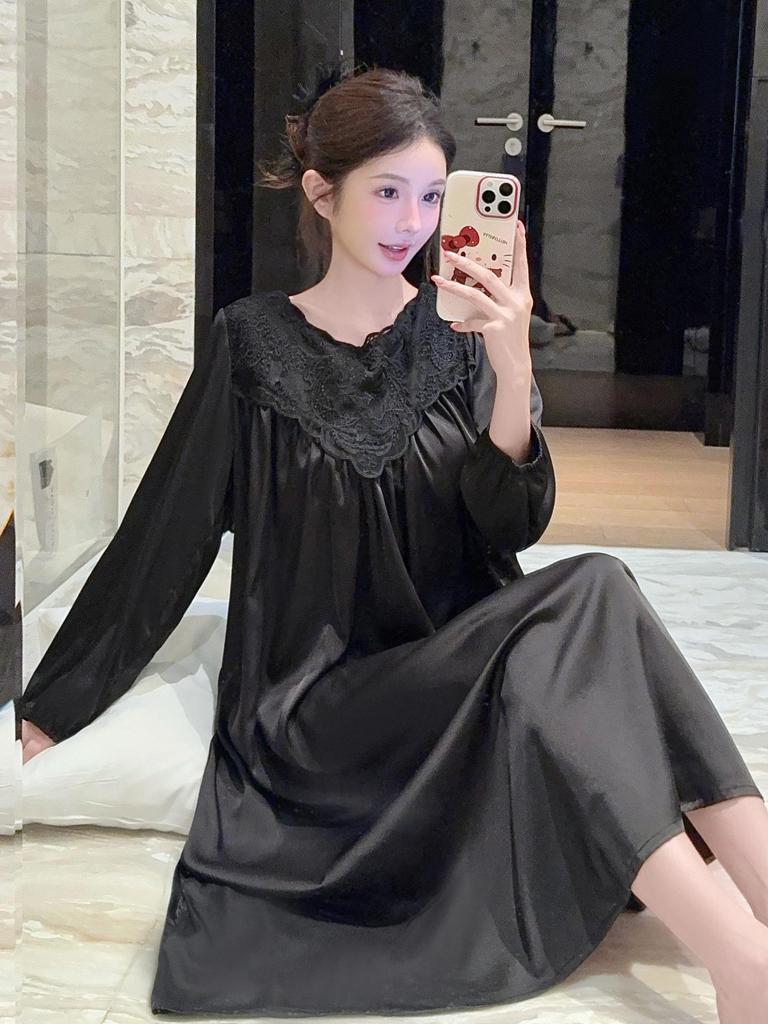2026 French High-End Lace Cutout Long Sleeve Ice Silk Sleep Dress for Women