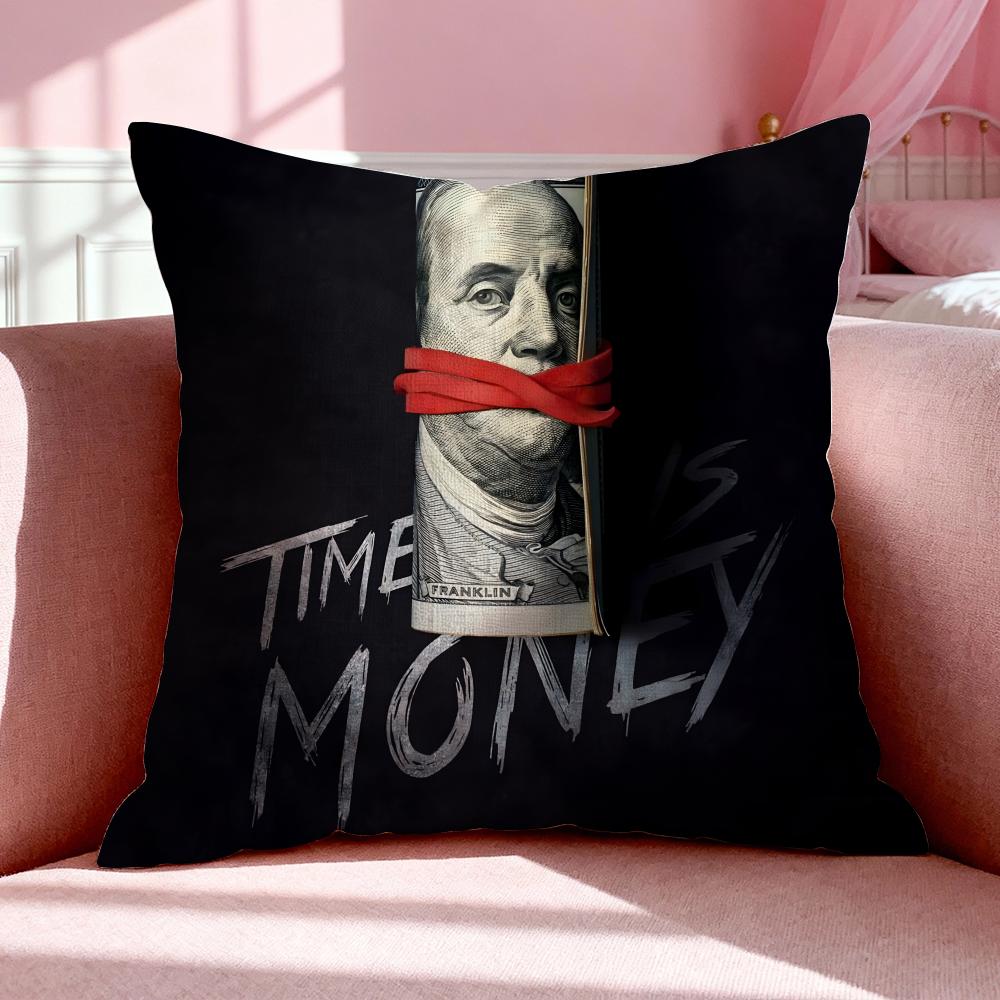 Slogan TTime is Money Cushion Cover Breathable Linen Pillowcase Summer Odorless EcoFriendly Invisible Zipper Washable