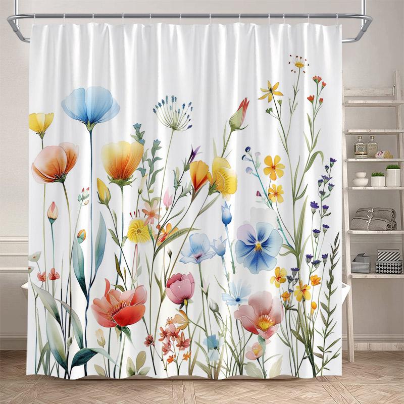 Floral Shower Curtain Blue Purple Pink Watercolour Flowers Plant Modern Minimalist Polyester Bathroom Decor Bath Curtains Set