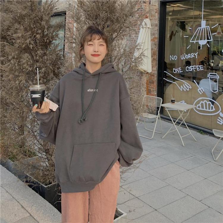 Autumn Winter Velvet Hooded Oversized Hoodie Women Loose Top Letter Print for Student Ladies