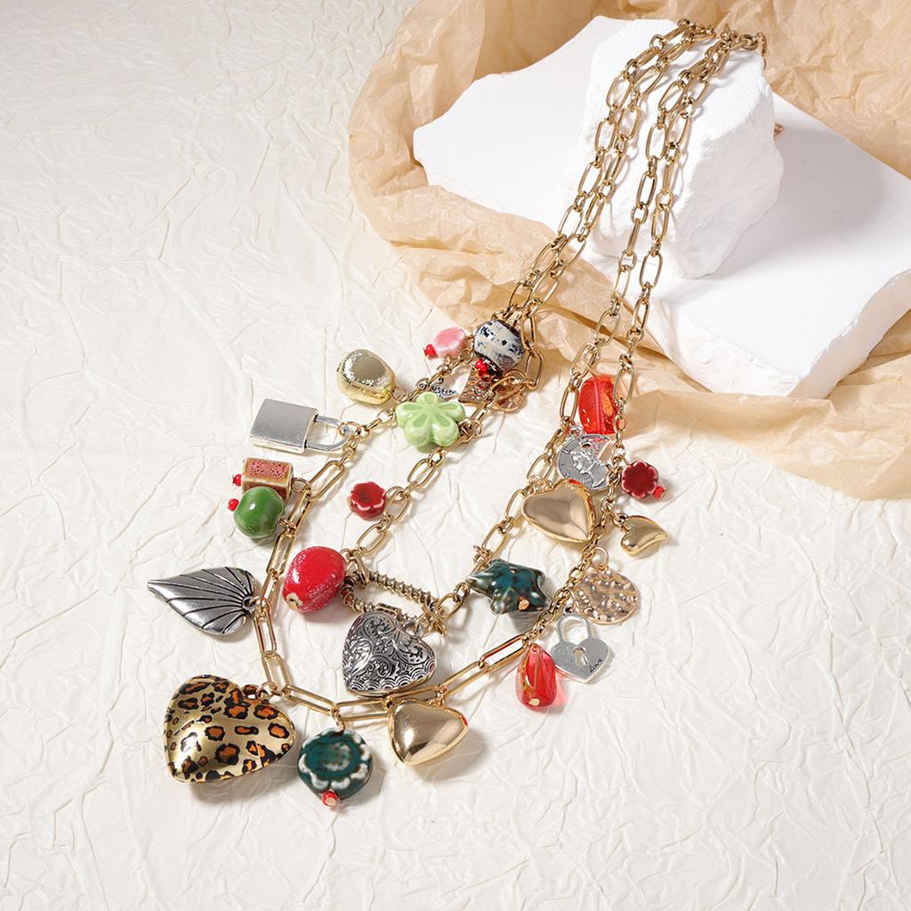Cross-border Bohemian Trend Retro Vacation Style Double-layered Alloy Pendant Necklace, Versatile and Casual