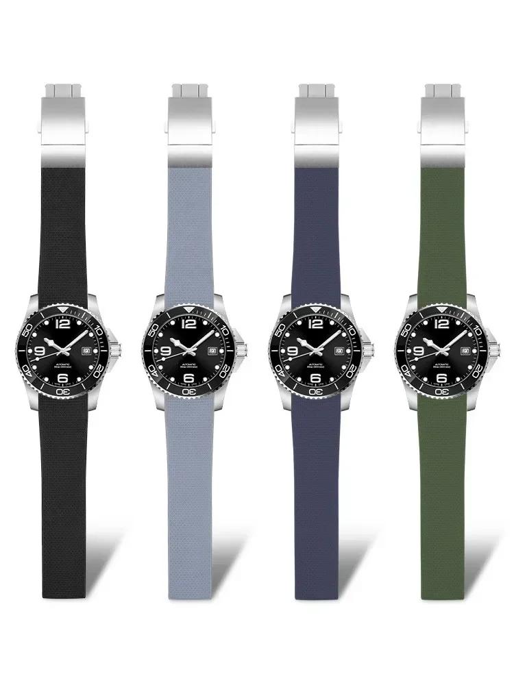 Curved End Rubber Watch Strap for Longines Conquest HydroConquest L3.781 642 742 782 Sports Diving Silicone Blue Watchbands 21mm