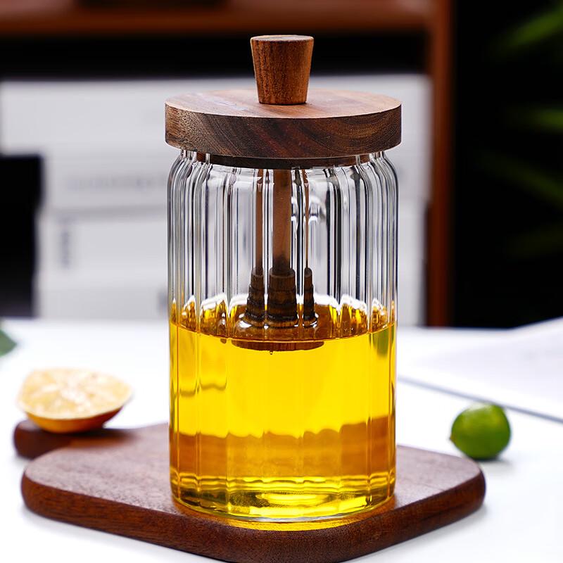 ZISIZ Striped Glass Honey Storage Jar with Stirring Rod