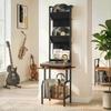Vinyl Record Player Stand Record Storage with Player Stand Oxford Fabric Pockets Bottom Shelf Rustic Brown and Black