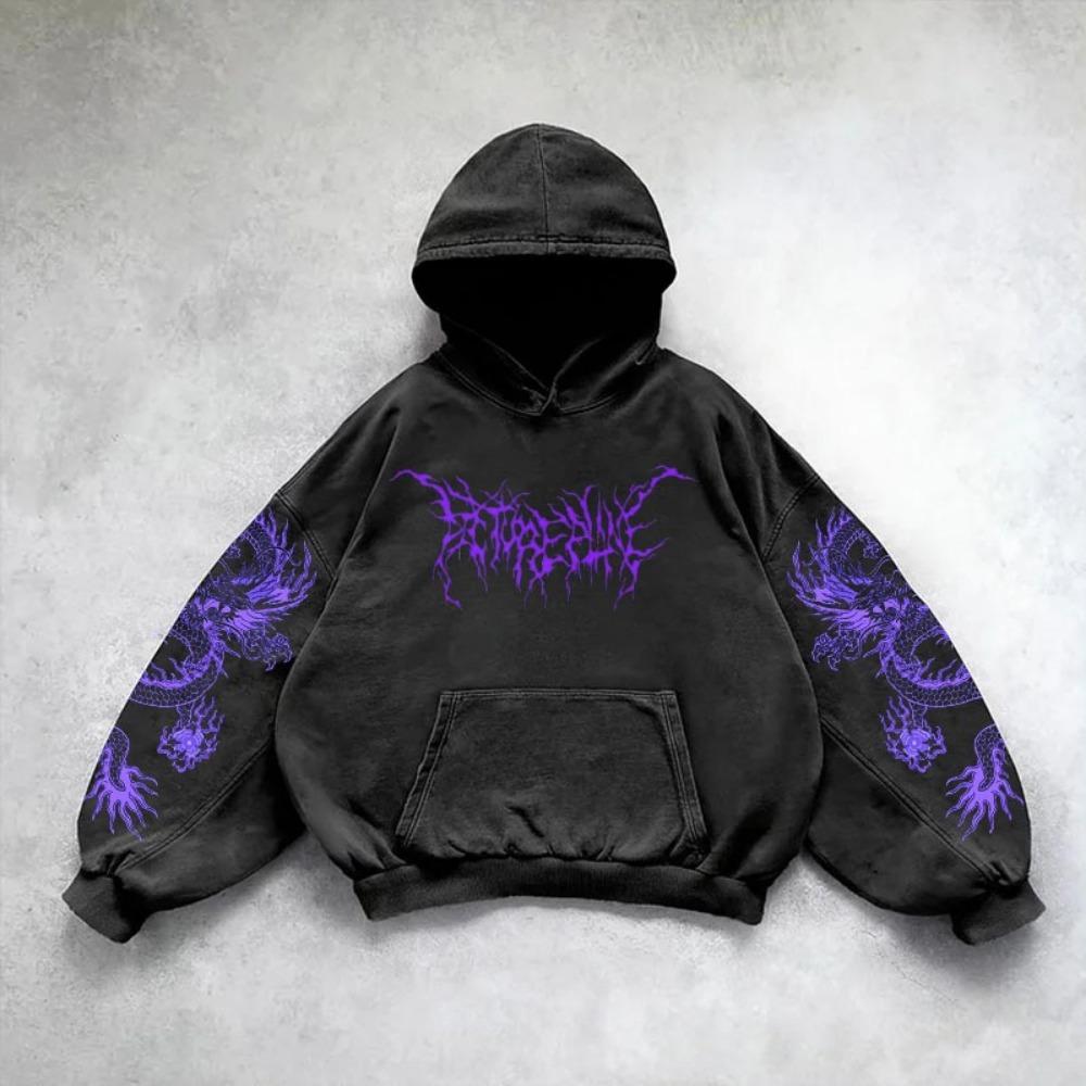 Retro Gothic Graphic Print Hip Hop Hoodie for Men Y2k Grunge Punk Casual Loose Pullover Women Streetwear Sweatshirt Hoodies