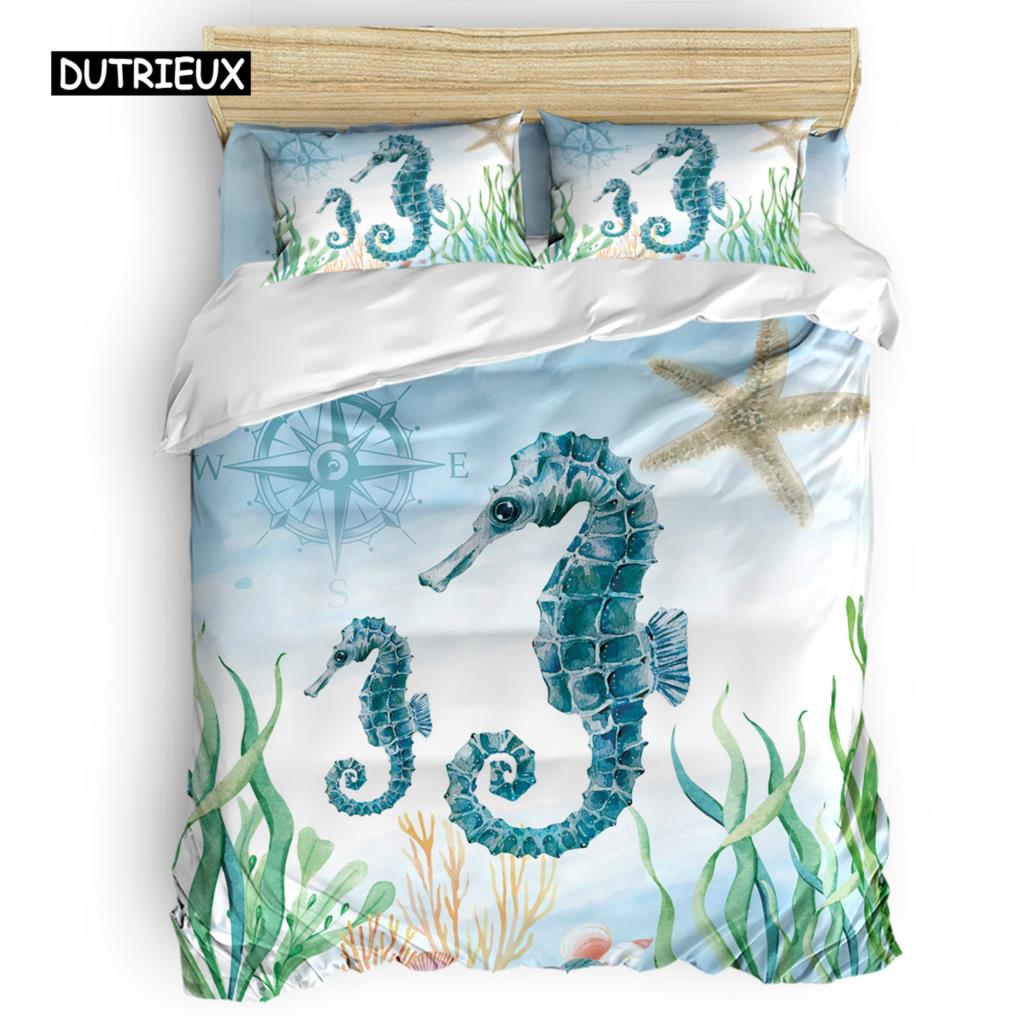 Seahorse Bedding Set Ocean Animal Duvet Cover Underwater World Orange Coral Marine Life Sea Urchin Soft Women Kid Bedroom Decor