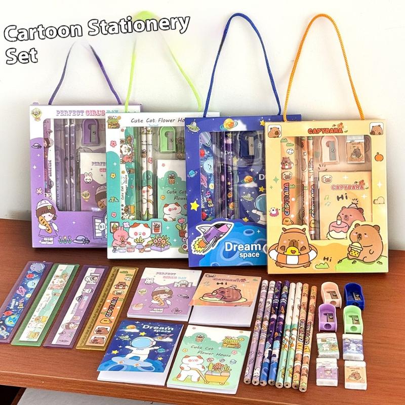 6Pcs/Set Cute Cartoon Capybara Pencil Stationery Set Kawaii Eraser Pencil Sharpener Children Student Stationery Supplies