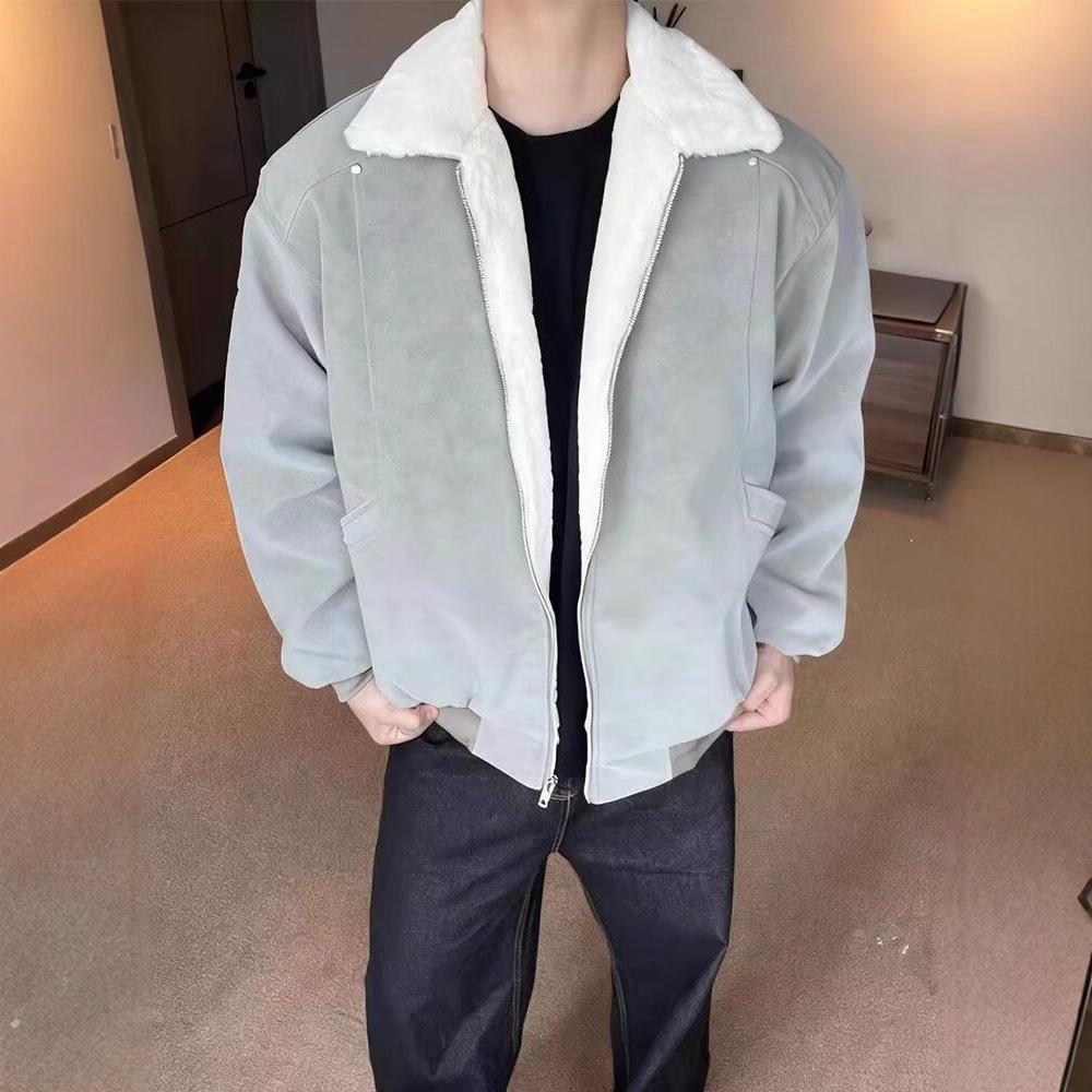 

Men s Winter Lambswool Matte PU Leather Jacket with Fleece Lining - Brown Melange Warm Cotton Outfit XL сірий колір