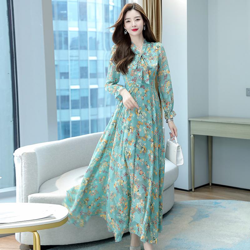 Floral Chiffon Dress Spring and Autumn Temperament Waist Slim Slimming Bow V-neck Jacquard Elegant Long Skirt
