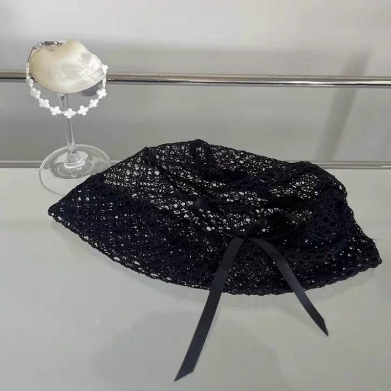 Subculture Lace Hollow Cold Hat Summer Thin Women's Black Japanese Stacking Hat Bow Design Sense Bag Head Hat