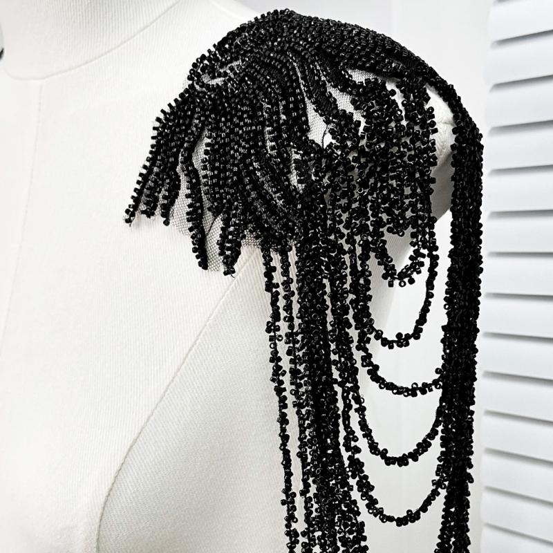 Pair Of Glittering Sequins And Beads Fringe Trim For Shoulder Embellishment Comfortable Wear In Event Craft Decoration