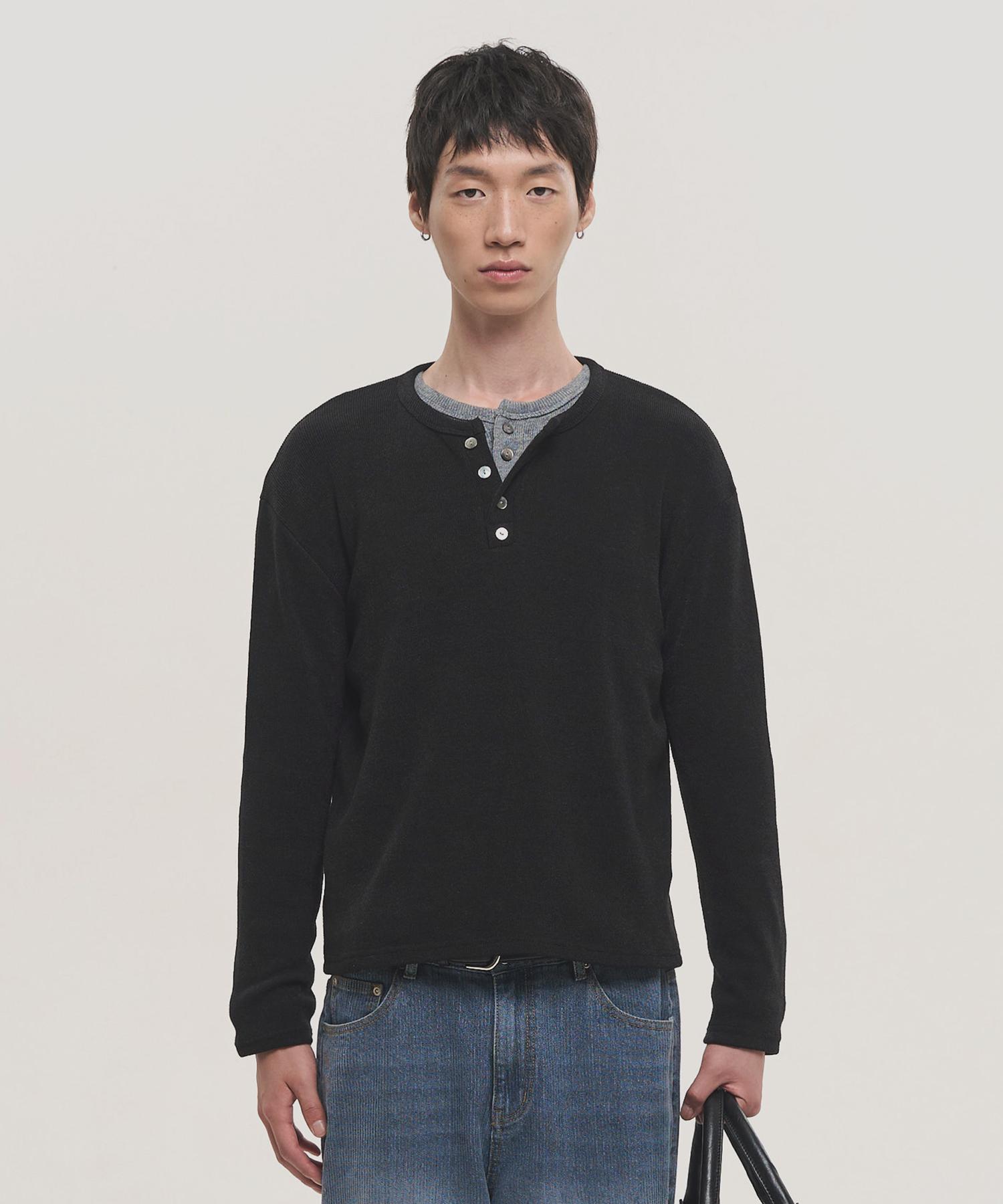 Noise Soft Henley Neck Sleeve Knit - Black Black/M