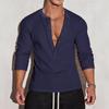 Men's Autumn Sports Fitness Leisure Stand Up Collar Elastic Vertical Strip Long Sleeve V-neck T-Shirts Men’s