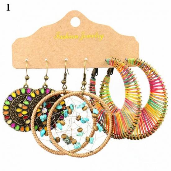 3 Pairs Boho Gypsy Earrings Tribal Ethnic Tassel Turquoise Ear Hook Drop Dangle₊