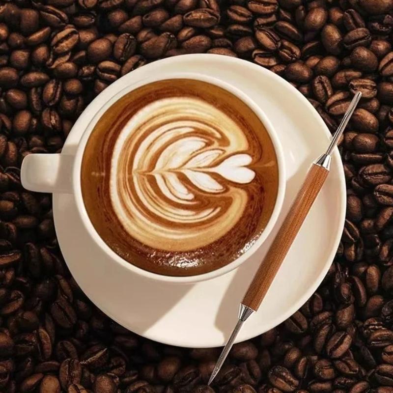 Coffee Latte Art Needle Stainless Steel Exquisite Professional Crochet Hook Pear Wood Carved Flower Needle Italian Coffee