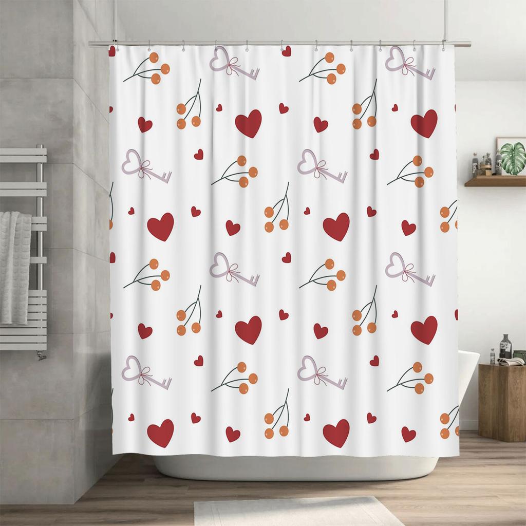 Romantic Red Hearts Cherry Key Pattern Shower Curtain Waterproof Bathroom Decor White 150x240cm Free Shipping