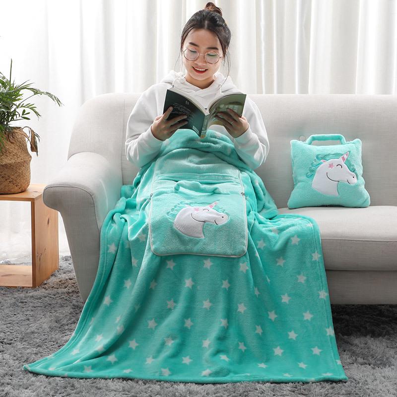 

1pcs Winter Cartoon Pillow Quilt Folding Cushion Student Office Nap Gift Blanket Unicorn Blanket Cover Blanket Cushion 100x150cm зелений