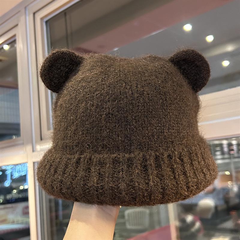Cute burgundy bear knitted wool hat children's autumn and winter new warm and cold ear protector pullover hat