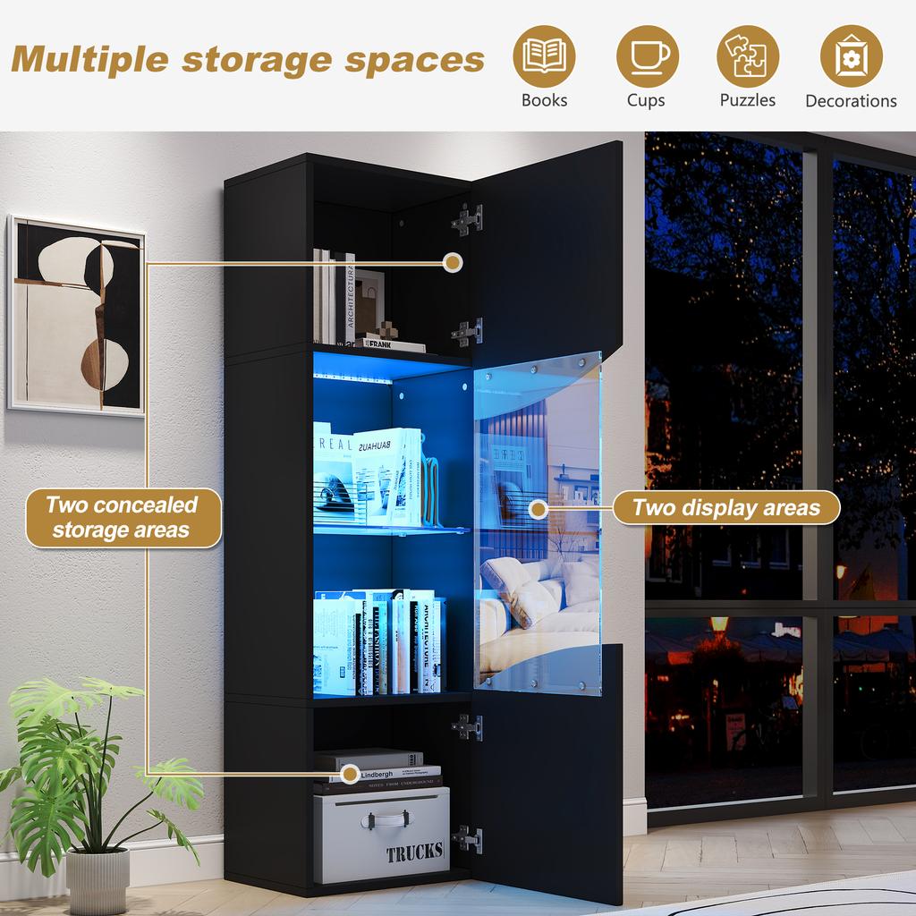 Vetrina da Soggiorno 35*50*165cm, Finitura Lucida (Porte), Alto, Ampio Spazio di Archiviazione e Illuminazione a LED, Design della Superficie Ondulata ad Arco Concavo, Nero
