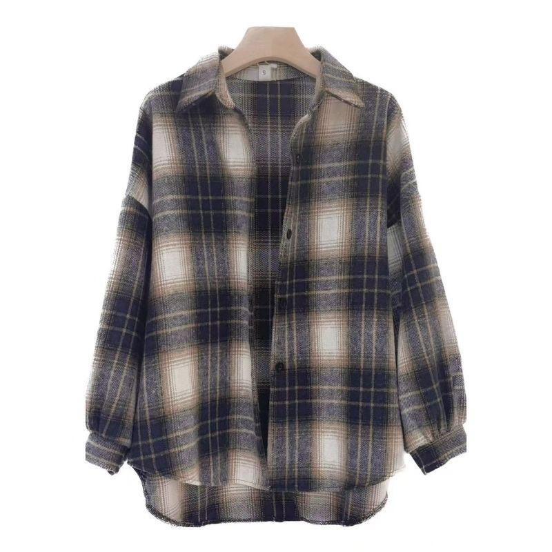 Women's Oversized Mid-Length Plaid Wool Shirt Jacket - Hong Kong Style, Autumn/Spring Trend