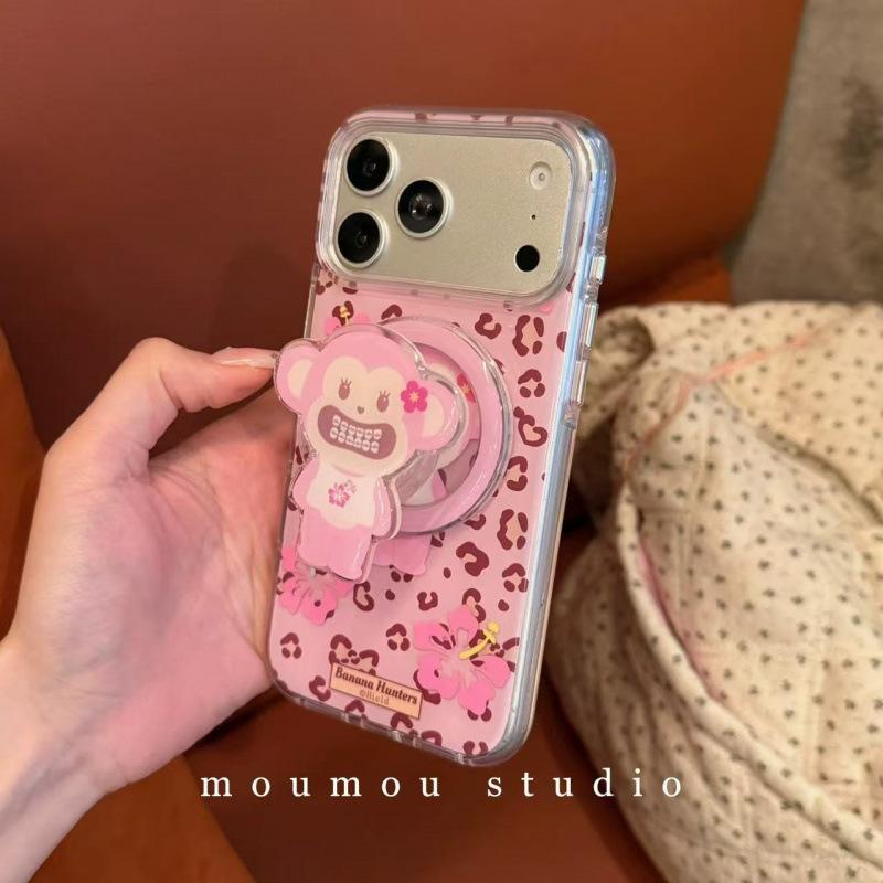 Sweet and Cool Pink Leopard Print Monkey Magnetic Suction Bracket for iPhone17promax Apple 16 Mobile Phone Case 15 New Women