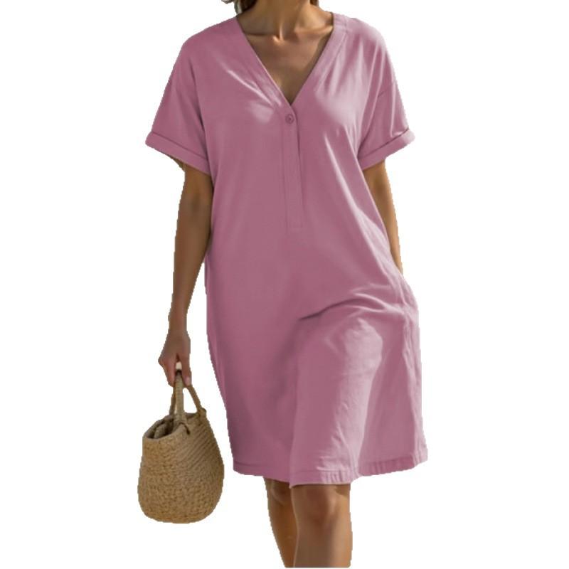 Cross-border new fashionable versatile women's casual solid color V-neck loose dress