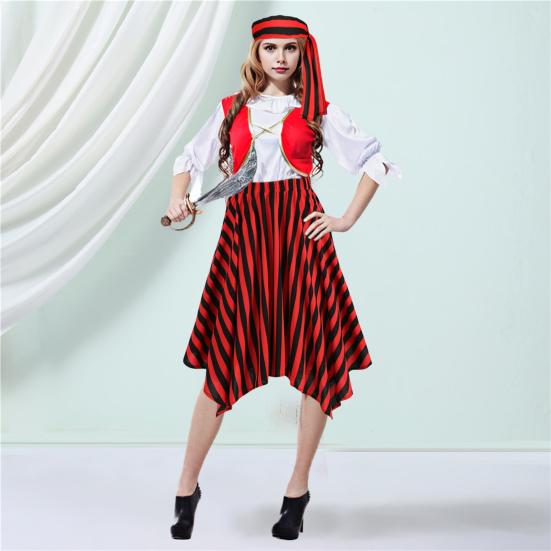 2ks/sada Dámská pirátská cosplay sukně s páskem Nepravidelný lem Elastický pas Pruhovaná sukně Oblečení s renesančním motivem