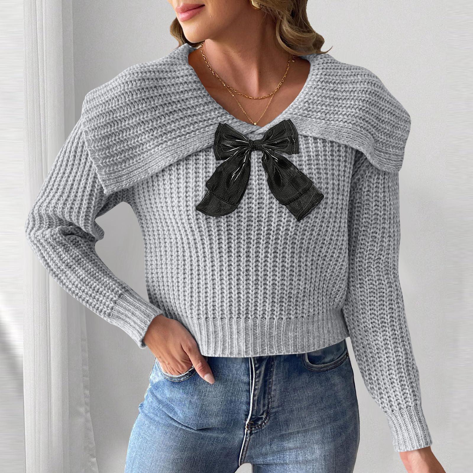 

Women s Short Large Collar Butterfly Knot Splicing Pullover Sweater Top M