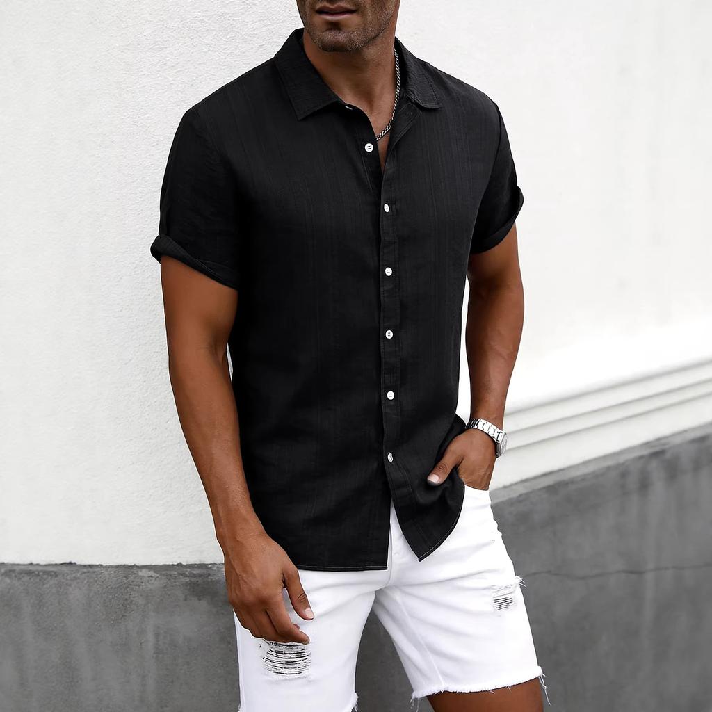 New summer men's plus size shirt teen solid color short-sleeved lapel shirt top men's